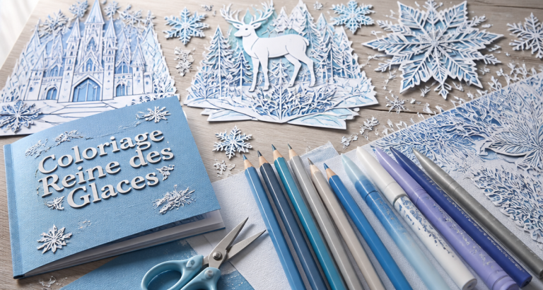 coloriage reine des neiges à imprimer pdf sur table avec crayons