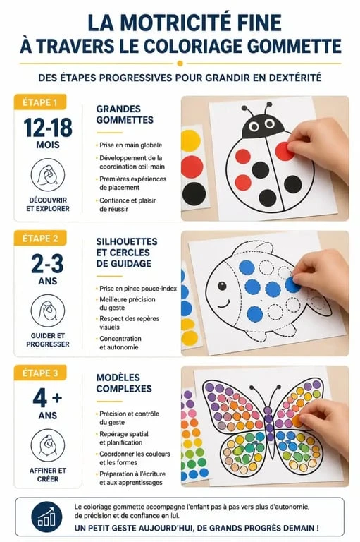 Infographie sur le coloriage gommette à imprimer selon l'âge de l'enfant pour développer la motricité fine