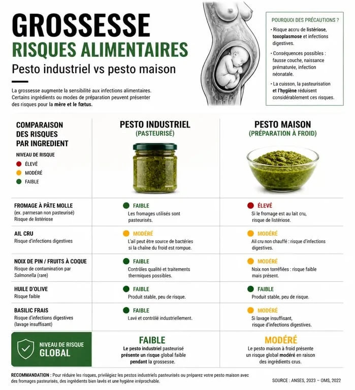 Infographie sur la sécurité du pesto enceinte : risques et précautions