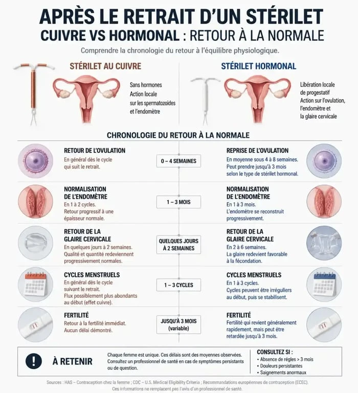 Infographie comparative des effets après retrait stérilet cuivre et hormonal