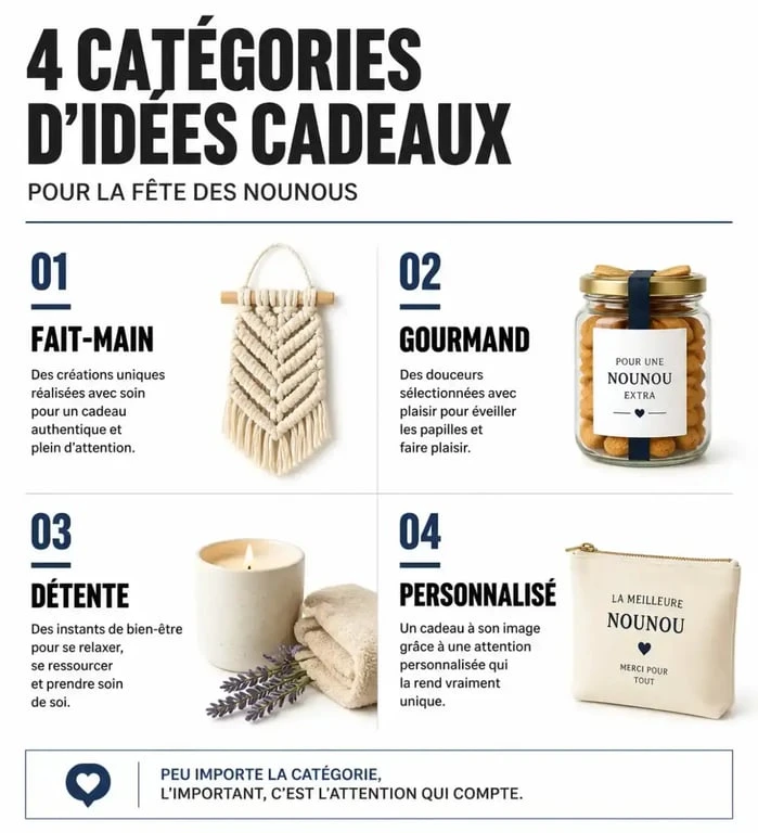Infographie des meilleures idées cadeaux pour la fête des nounous : fait-main, gourmandises, détente et objets personnalisés.