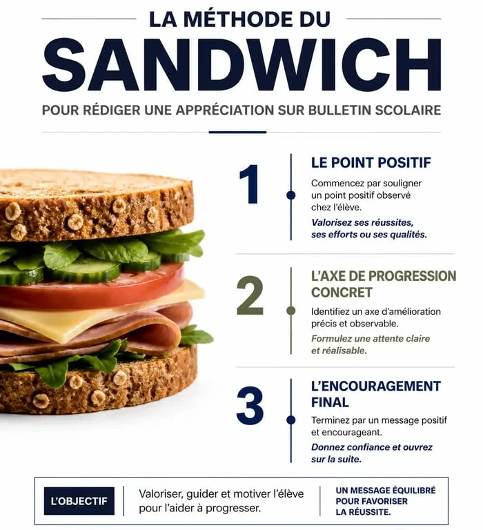 Infographie illustrant la méthode du sandwich pour rédiger une appréciation sur bulletin scolaire efficace et bienveillante