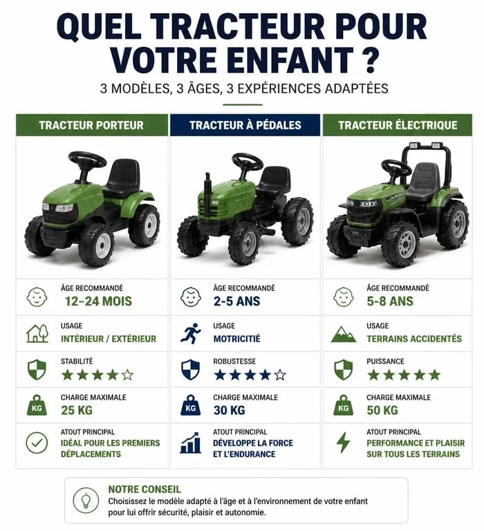 Comparatif des différents modèles de tracteurs pour enfant selon l'âge et le type de motorisation
