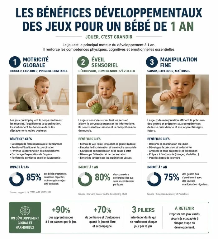 Infographie des bénéfices des jeux pour bébé 1 an : motricité, sensoriel et manipulation fine.