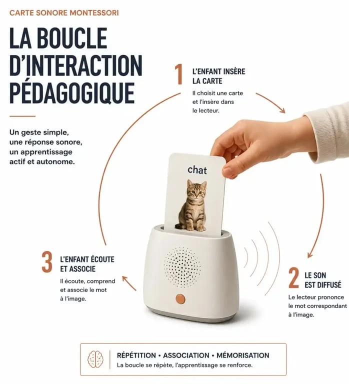 Schéma illustrant le fonctionnement pédagogique d'une carte parlante Montessori pour l'éveil au langage de l'enfant