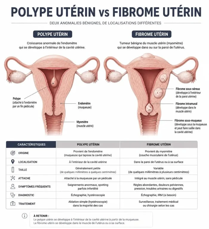 Schéma comparatif illustrant la différence entre un polype utérin et un fibrome utérin pour mieux comprendre les pathologies gynécologiques.
