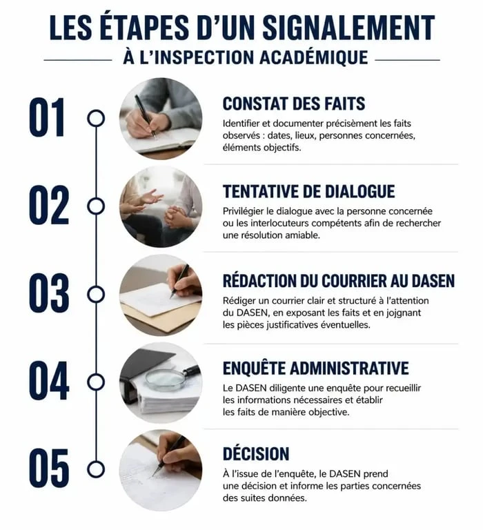 Schéma des étapes de la procédure de signalement à l'inspection académique