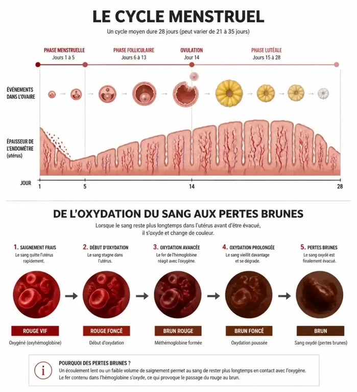 Schéma explicatif des pertes brunâtres et du processus d'oxydation sanguine dans le cycle menstruel