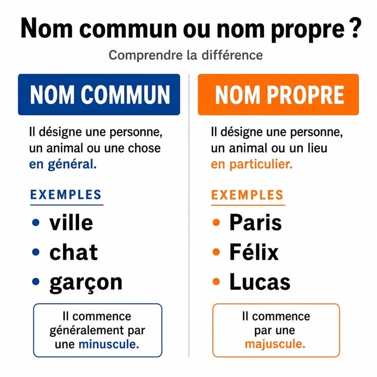 Tableau comparatif illustré pour distinguer les noms propres et les noms communs au CE2