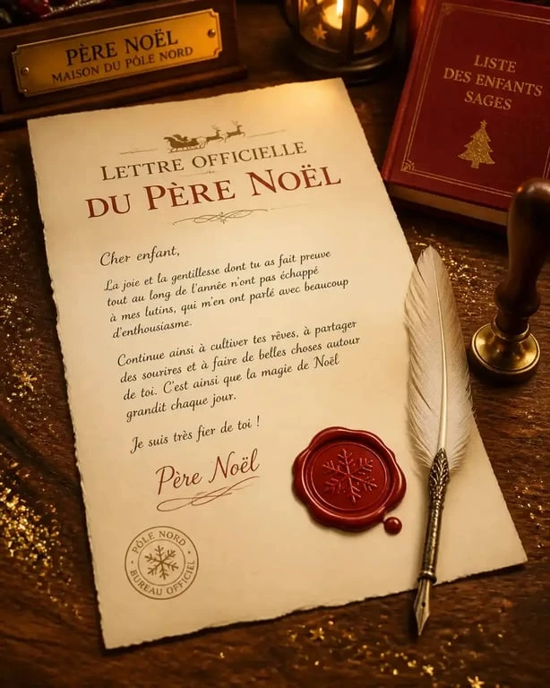 Lettre du Père Noël personnalisée gratuite posée sur un bureau avec un sceau de cire