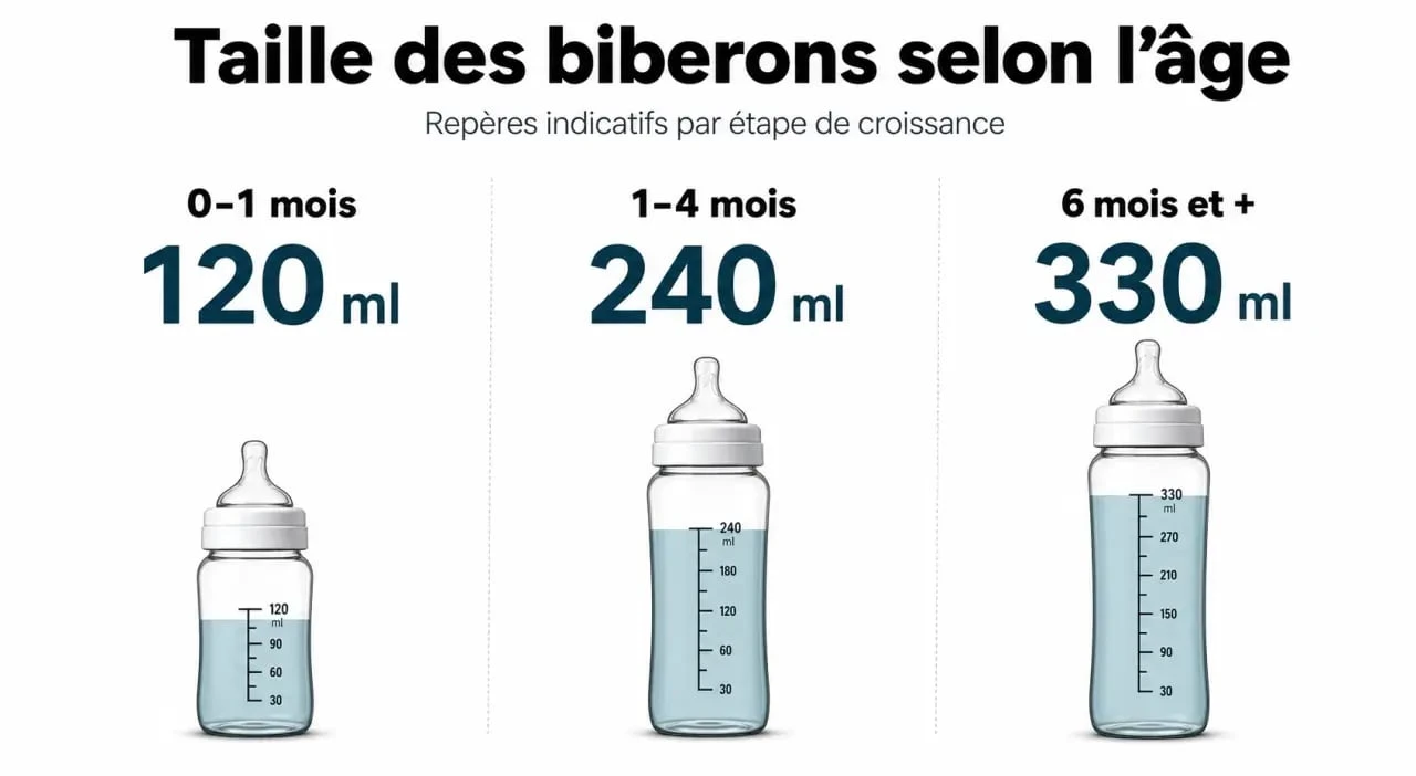 Infographie montrant les tailles de biberons à acheter selon l'âge de bébé pour optimiser son stock
