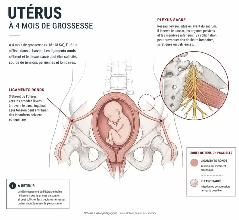 Schéma anatomique expliquant les causes des sensations de décharges électriques à 4 mois de grossesse
