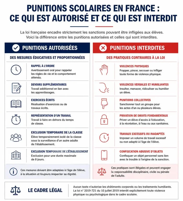 Infographie récapitulative des punitions collectives interdites et des sanctions autorisées en milieu scolaire en France