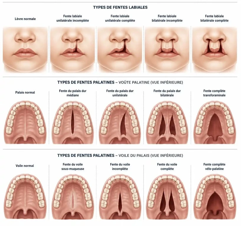 Schéma explicatif des différents types de fentes labiales et palatines pour mieux comprendre la malformation.