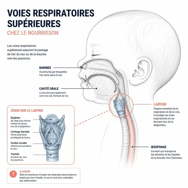 Schéma anatomique des voies respiratoires d'un bébé pour comprendre pourquoi bébé fait des bruits de gorge