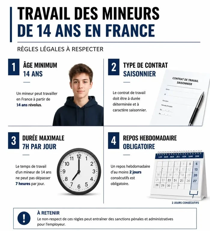 Infographie sur les règles légales pour gagner de l'argent à 13 14 ans en France