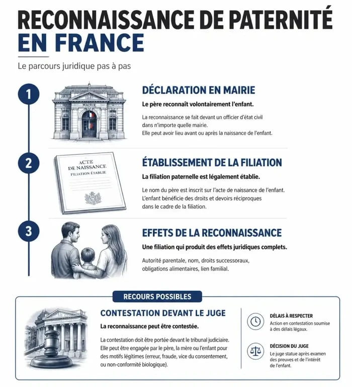 Infographie explicative sur les démarches et recours liés à la reconnaissance de paternité en France