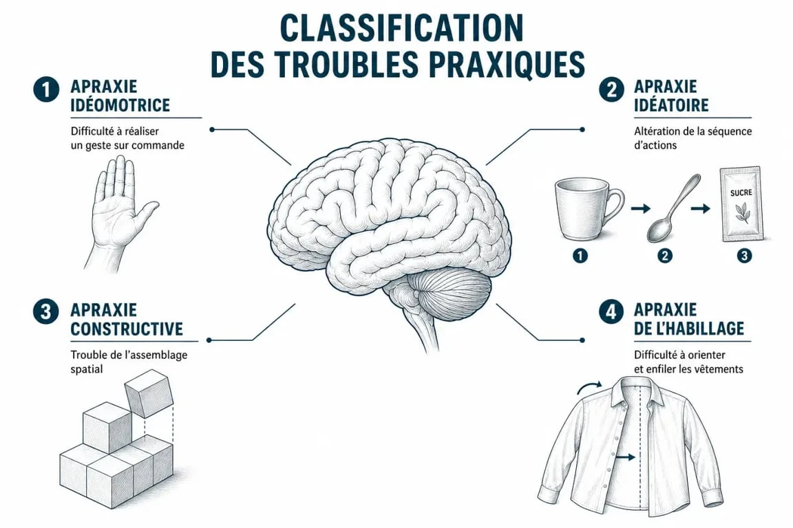 Infographie explicative des différents types de troubles praxiques et leurs manifestations