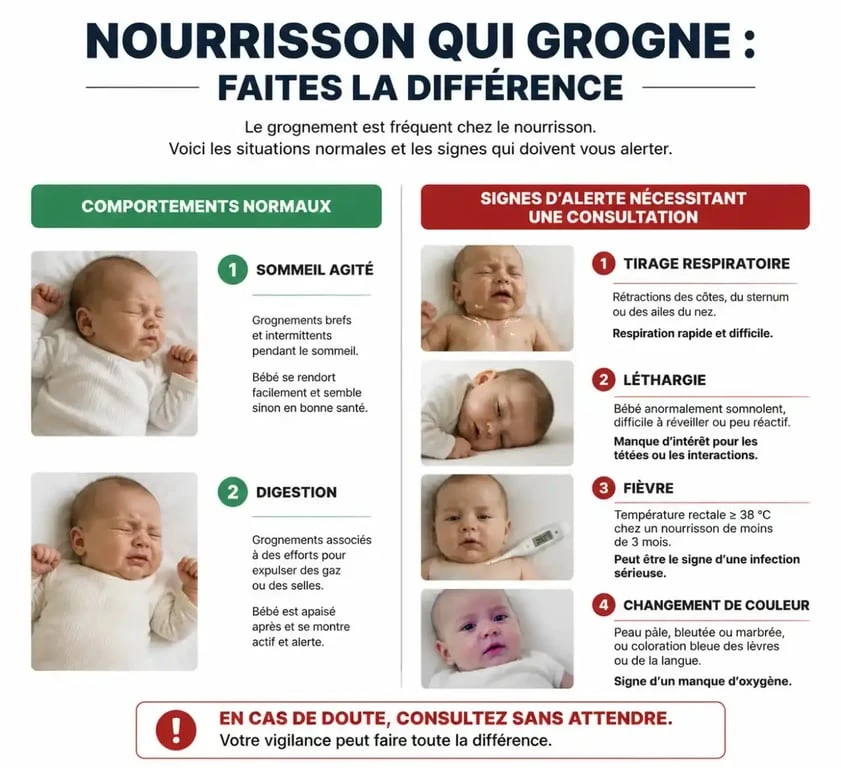 Infographie des signes d'alerte et comportements normaux quand un bébé grogne