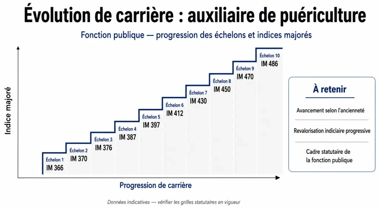 Infographie de la progression de carrière et grille auxiliaire de puériculture dans la fonction publique