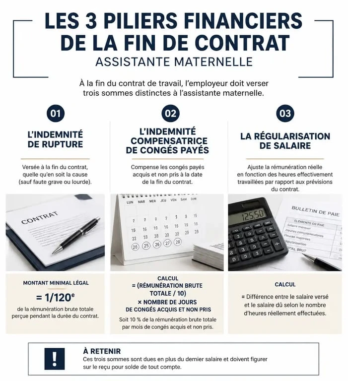 Infographie des trois piliers financiers pour la simulation fin de contrat assmat : indemnité de rupture, congés payés et régularisation.