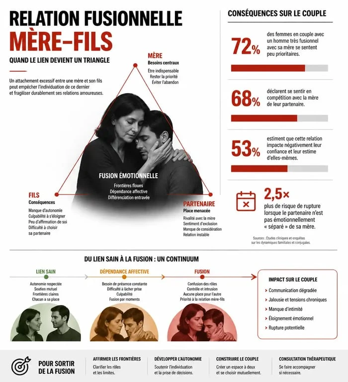 Schéma des conséquences d'une relation fusionnelle mère-fils sur la vie de couple et l'autonomie