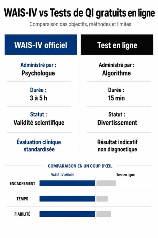 Infographie comparative entre le test WAIS officiel et les tests de QI gratuits en ligne pour comprendre les différences de fiabilité.