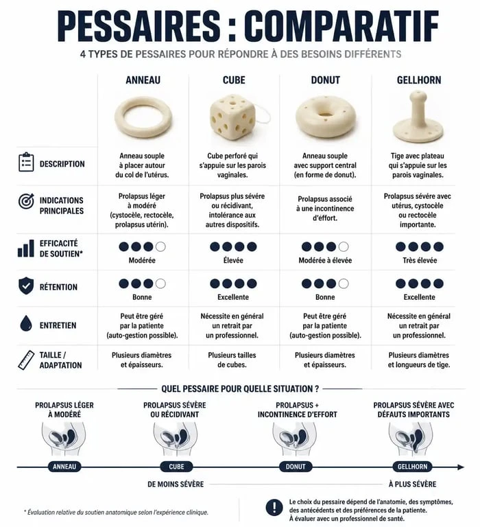 Infographie comparative des différents types de pessaires pour le traitement du prolapsus génital et de l'incontinence.