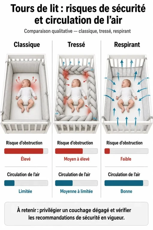 Comparatif des risques de sécurité et circulation de l'air pour le tour de lit respirant, classique et tressé