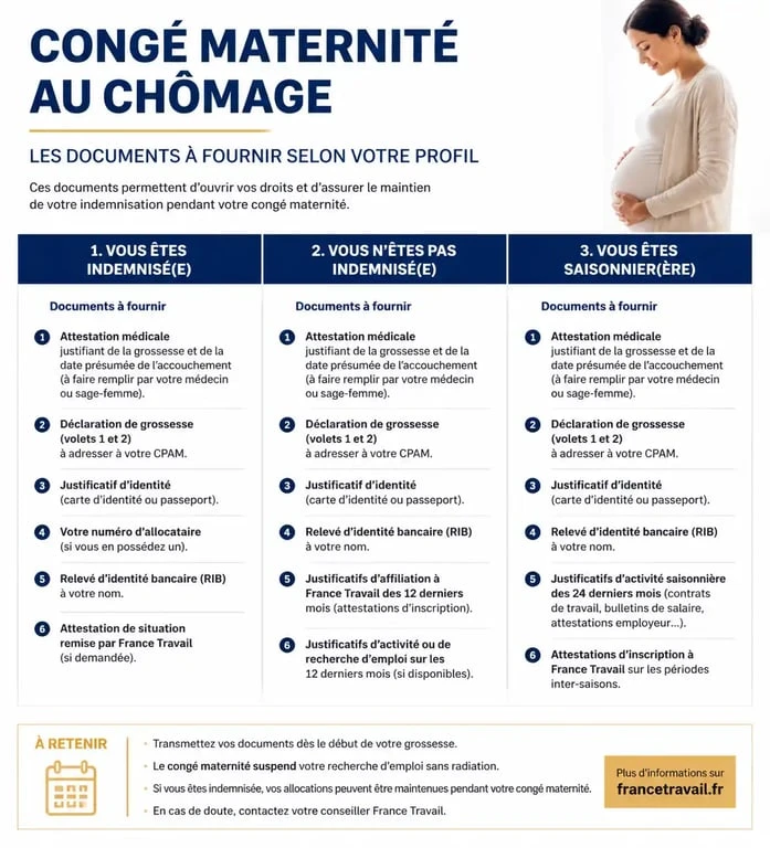 Documents à fournir pour le congé maternité au chômage : récapitulatif des pièces administratives par situation.