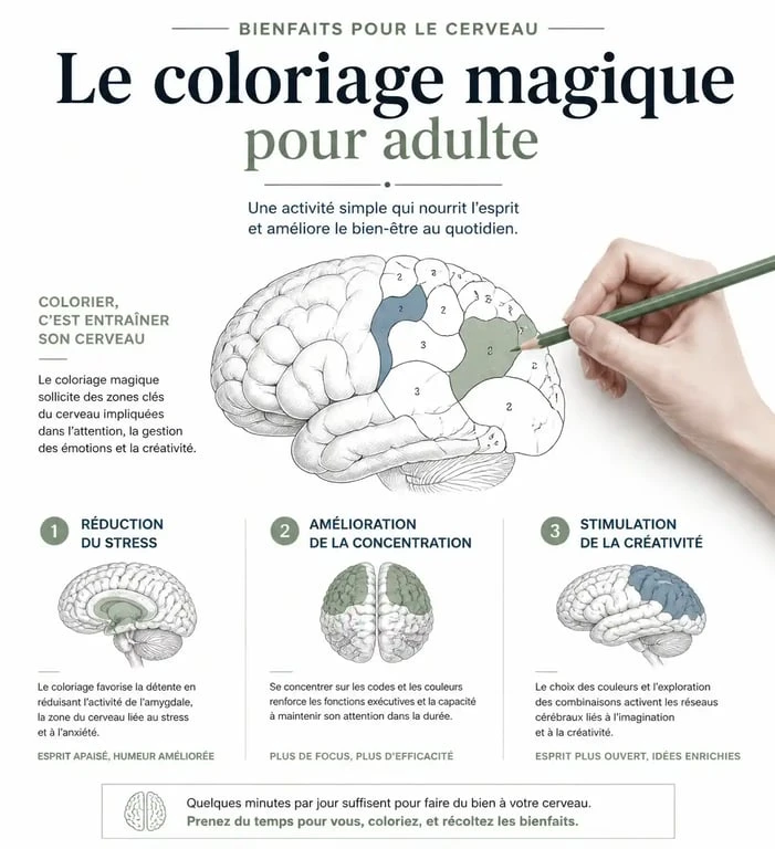Infographie sur les bienfaits du coloriage magique pour adulte pour la relaxation et l'art-thérapie