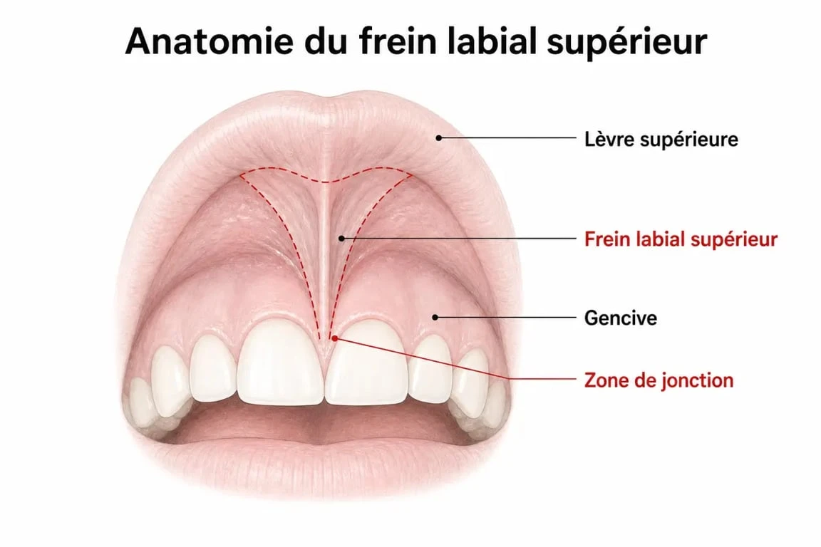 Schéma anatomique du frein labial supérieur pour comprendre la zone en cas de frein labial déchiré