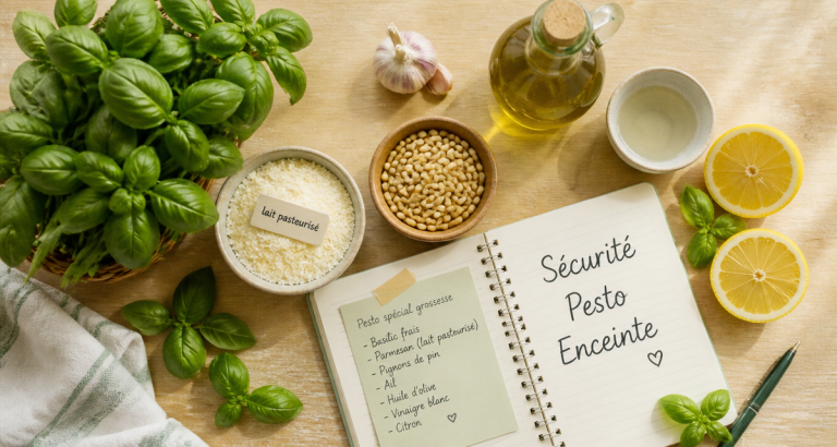 Ingrédients pesto enceinte sur plan de travail