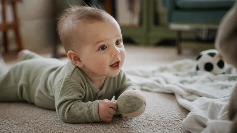 Bébé de 5 mois : 12 à 16 heures de sommeil, premiers retournements et 70 cl à 1 l de lait bebe 5 mois sur le ventre, hochet en tissu