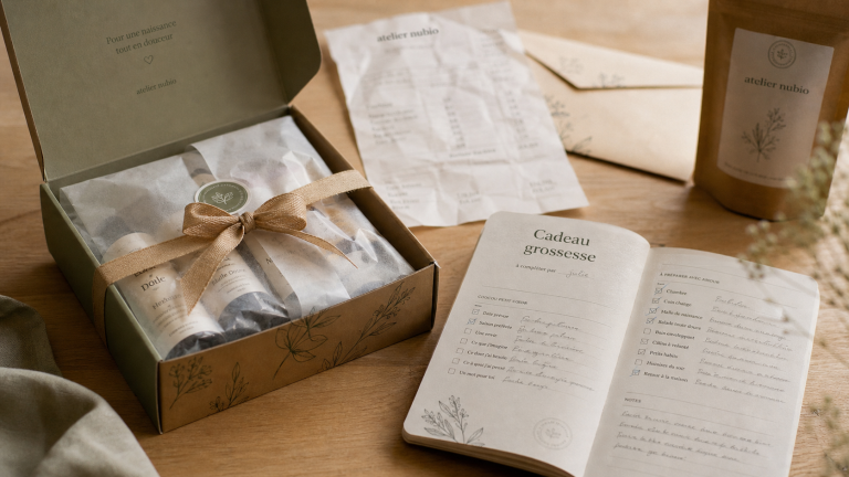 Cadeau gratuit grossesse : coffret bébé et kits d’essai sur table