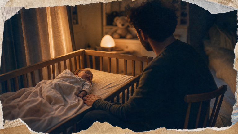 Endormissement autonome bebe : parent calme près d’un bébé somnolent dans un lit à barreaux