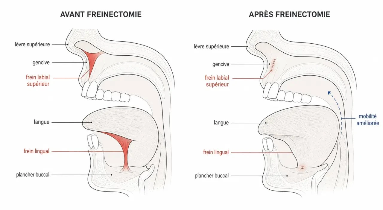 Schéma de freinectomie montrant le frein lingual et le frein labial supérieur