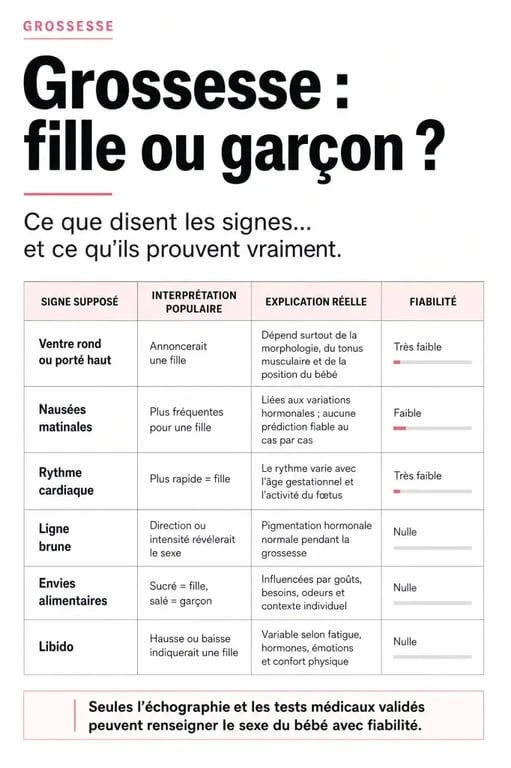 Infographie signes grossesse fille : ventre rond, nausées, rythme cardiaque et explication réelle