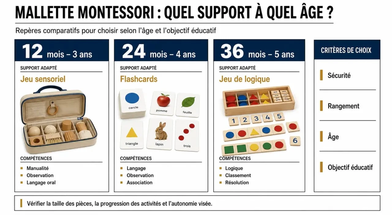 Mallette Montessori : comparatif visuel des âges, usages et critères de choix