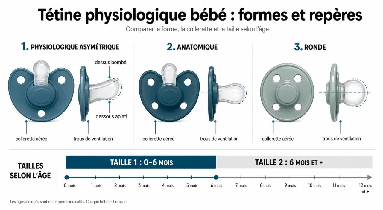 Tétine physiologique bébé : comparaison visuelle des formes physiologique, anatomique et ronde avec tailles et collerette aérée