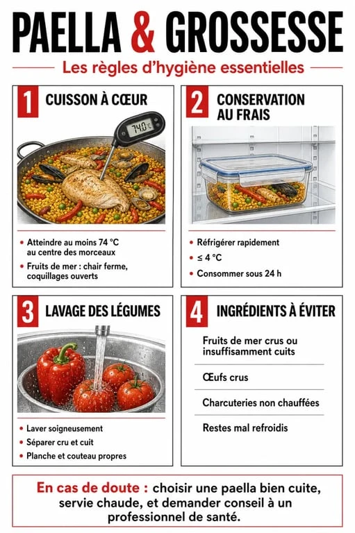 Infographie des règles de sécurité alimentaire pour consommer une paella enceinte sans risque