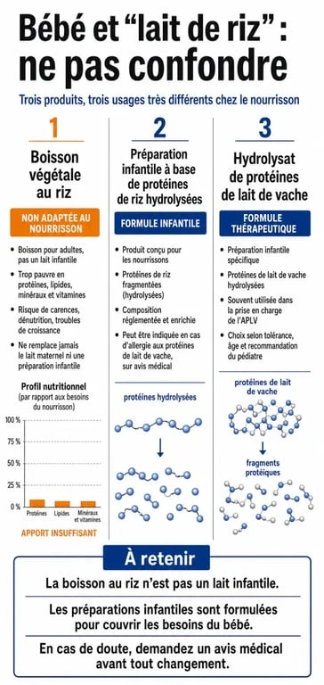 Infographie bebe lait de riz : différence entre boisson végétale, lait infantile au riz et hydrolysat de protéines