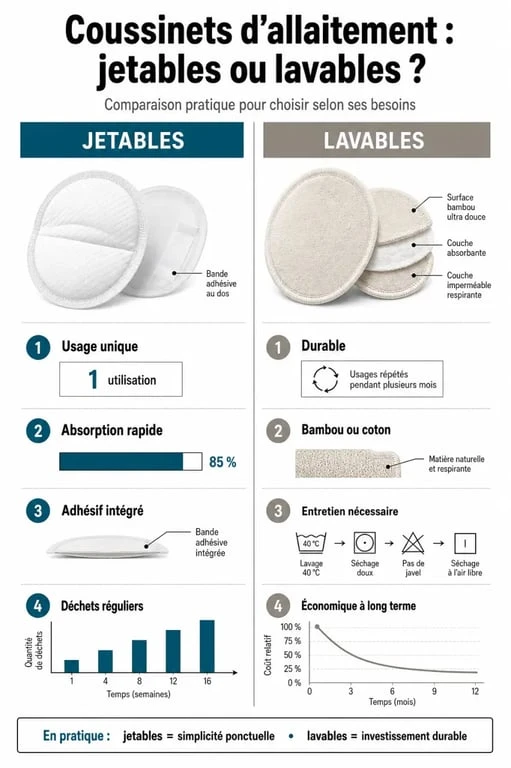 Infographie comparative des coussinets d'allaitement jetables et lavables pour choisir la meilleure protection.