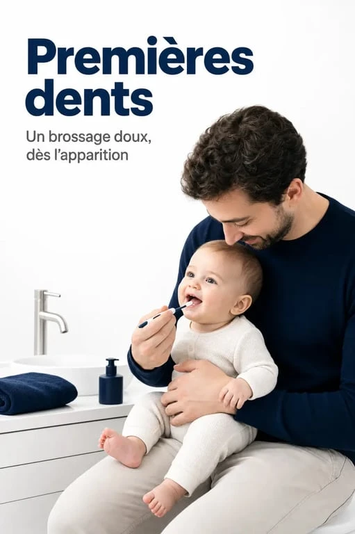 Bebe brossage dent : parent brossant délicatement la première dent avec une petite brosse souple