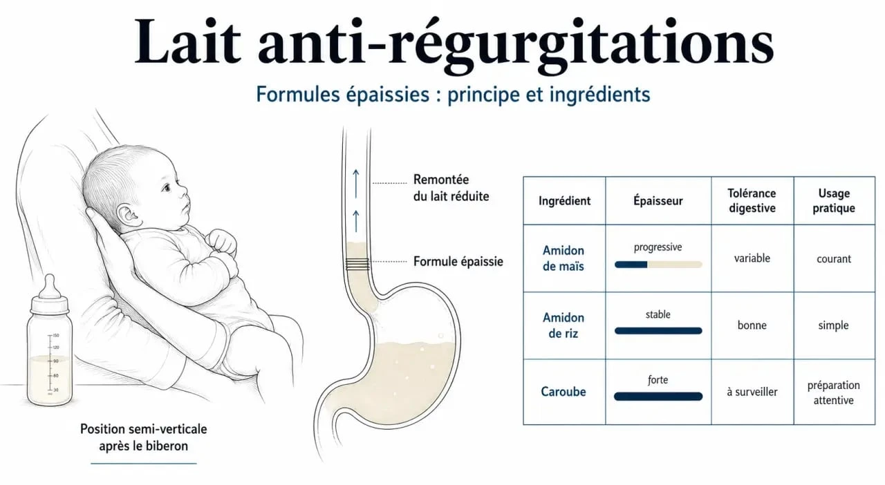 Infographie sur le lait anti régurgitations montrant le fonctionnement des épaississants et la comparaison des formules AR