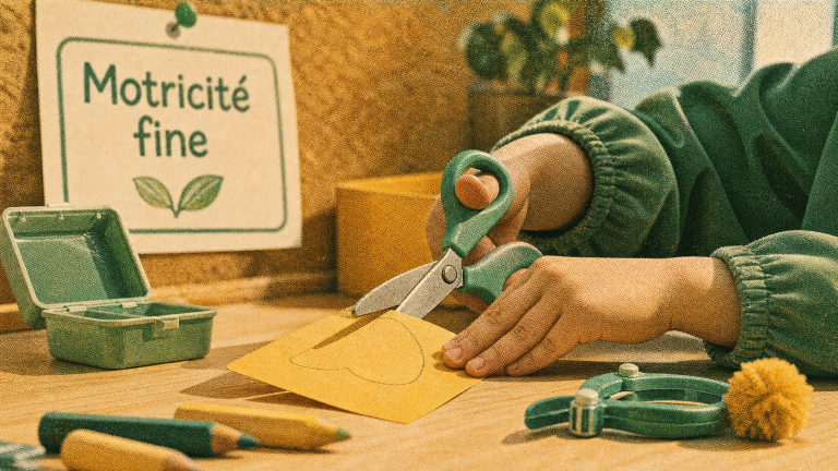 Motricite fine : enfant découpe avec des ciseaux adaptés