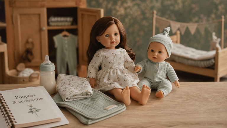 Poupées et accessoires sur table : poupée à habiller et poupon