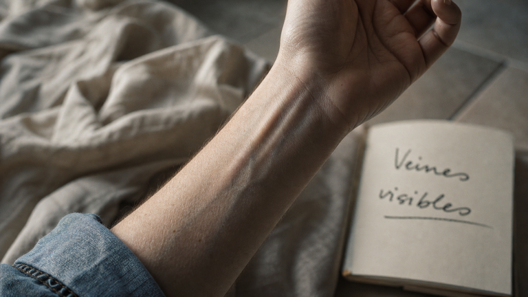 Veines plus visibles que d’habitude : chaleur, hormones ou signe d’alerte ? Veines plus visibles que d habitude sur le poignet, photo rapprochée