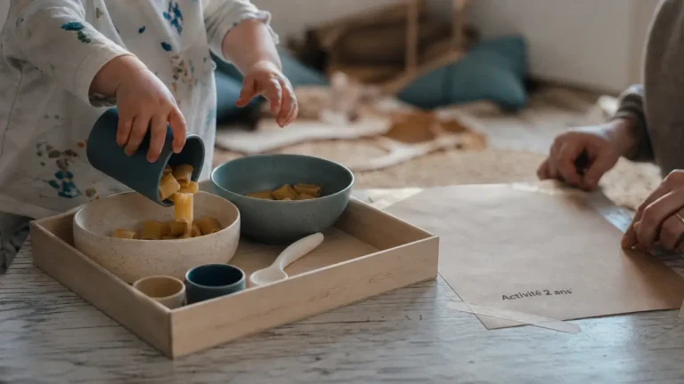 Activité enfant 2 ans : transvasement avec bols et pâtes, en intérieur