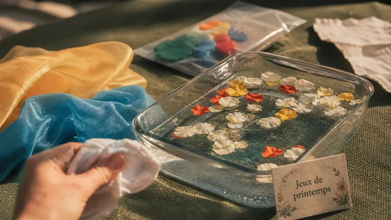 Des activités de printemps pour bébé, de la bouteille sensorielle aux sorties nature Activités printemps bebe : bac sensoriel printanier et bouteille d’eau colorée